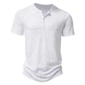 Men's Henley Shirts Short Sleeve Button Cotton Casual Basic Tee Summer Solid T Shirts (Color: White, size: L)