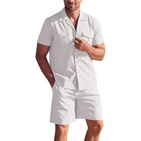 Men's 2 Piece Linen Sets Short Sleeve Button Up Shirt and Shorts Summer Casual Beach Outfits (Color: White, size: XL)