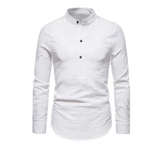 Men's Long Sleeve Button Down Banded Collar Shirt (Color: White, size: L)