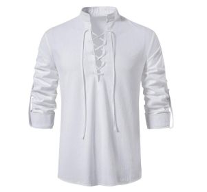 Men's Cotton Linen Shirt Lace Up Henley Long Sleeve Shirt (Color: White, size: XL)