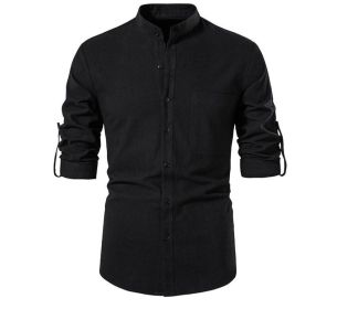 Men Henley Neck Long Sleeve Daily Look Linen Shirts (Color: Black, size: M)