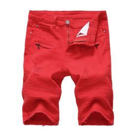 Men's Denim Shorts Classic Fit Ripped Distressed Jeans Shorts (Color: Red, size: 30)