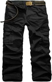 Men's Casual Cargo Trousers Work Autumn Slim-fit Work Pant with Pockets (Color: Black, size: 38)