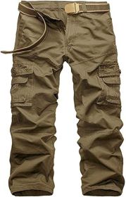 Men's Casual Cargo Trousers Work Autumn Slim-fit Work Pant with Pockets (Color: Khaki, size: 33)