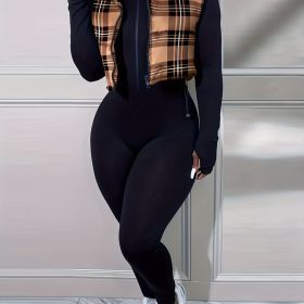 Plaid Print Drawstring Vest Coat, Casual Zip Up Sleeveless Outerwear, Women's Clothing (Color: Light Brown, size: M(6))