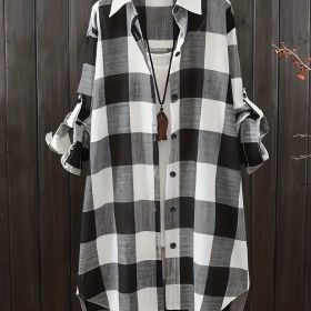 Plus Size Casual Blouse, Women's Plus Gingham Print Button Up Roll Up Sleeve Turn Down Collar Blouse (Color: Black, size: 3XL(18))