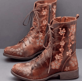 Women's Doc Martens autumn and winter flat thick heel lace-up ankle boots embroidered women's boots (Color: Coffee, size: 35)