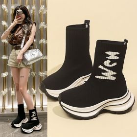 Autumn women's new high-top elastic skinny socks boots platform knit elastic boots short boots (Color: Black, size: 36)