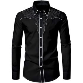 Mens Western Cowboy Shirt Casual Button Down Long Sleeve Embroidered Shirts (Color: Black2, size: 2XL)