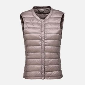 Women's Ultra Light Duck Down Vest Autumn Winter Warm Round Collar Sleeveless Coat 2019 Light Weight Korean All Match Thin Vests (Color: Khaki, size: L)