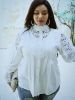 Plus Size Elegant Blouse, Women's Plus Solid Contrast Lace Lantern Sleeve Button Up Mock Neck Shirt Top